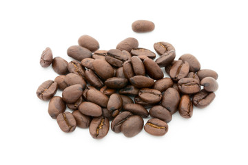Coffee grains and leaves isolated on the white backgrounds.