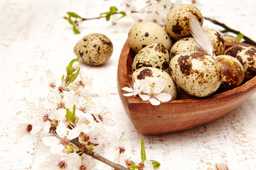 Spring easter composition with eggs and cherry flowers on a white old wooden  background 