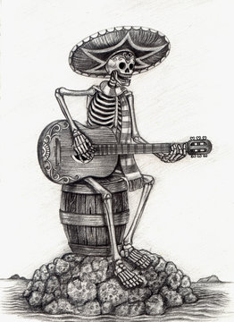 Sugar skull playing guitar on island day of the dead design by hand pencil drawing on paper.