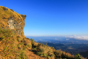 Sunny day at Phu Chi Fa(a mountain area and national forest park in Thailand,a part of Doi Pha Mon,located at the northeastern end of Phi Pan Nam Range,Thoeng District,Chiang Rai Province)