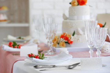 Beautiful served table for wedding or other celebration in restaurant
