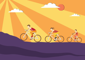 Mom, Dad and kids ride bikes on sunset backgrounds,Sport family,vector illustrations