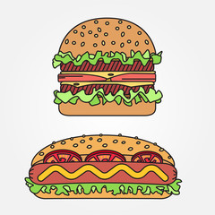 Vector thin line icon  hot dog and burger. For web design and ap