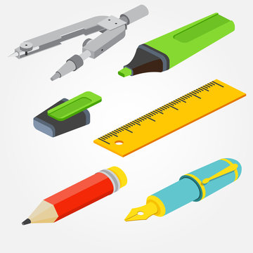 Isometric pair of compasses, fountain pen, pencil, ruler and mar
