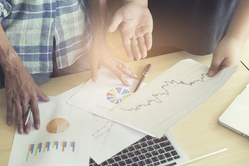 men working with business document and computer notebook, vintag