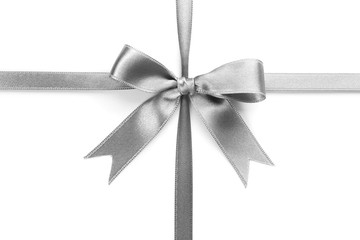 Silver silk ribbon with beautiful bow isolated on white background