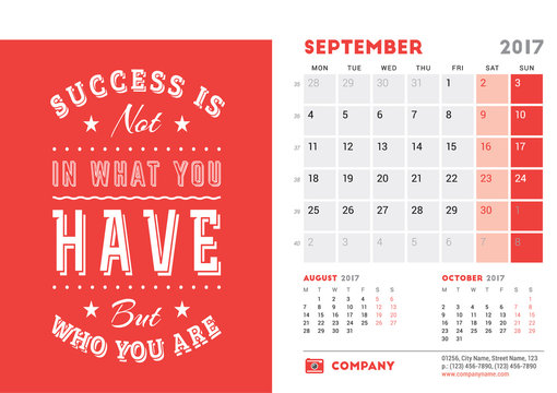 Desk Calendar Template for 2017 Year. September. Design Template with Motivational Quote. 3 Months on Page. Vector Illustration
