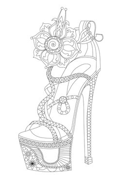 Shoe witch flowers. Coloring books for adults. 
