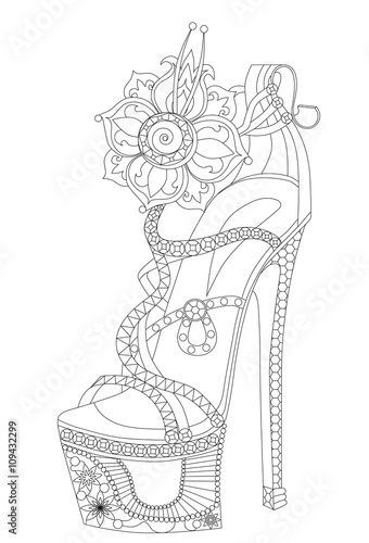 "Shoe witch flowers. Coloring books for adults. " Stock image and