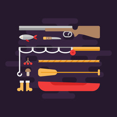 Fishing and Hunting. Tourism Concept. Set of Flat Style Vector Elements. Shotgun, Fishing Rod, Boat