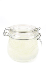 A glass bowl full of freshly picked Aloe vera plant, peeled and