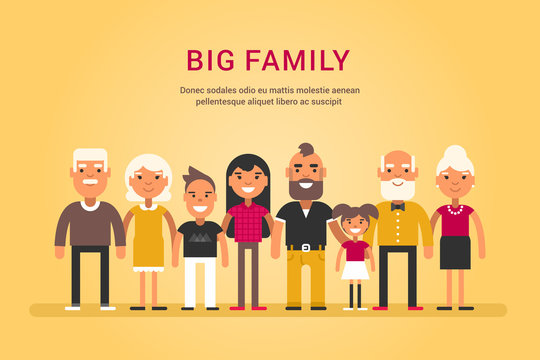 Big Happy Family. Parents with Children. Father, Mother, Children, Grandfather, Grandmother, Siblings, Wife, Husband, Uncle, Aunt