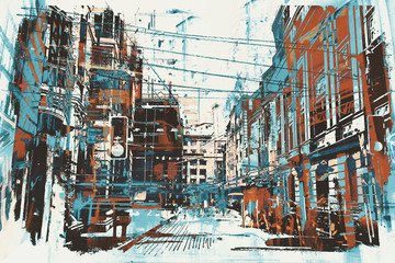 Illustrationsmalerei der städtischen Straße mit Grunge-Textur
