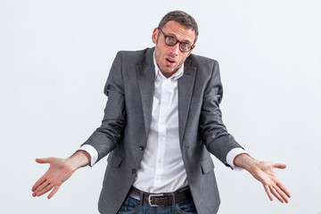 corporate denial for perplexed businessman apologizing for ignorance