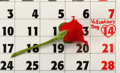 Calendar with date of February 14 -Valentines day, close-up
