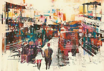 Poster de jardin Grand échec Couple marchant sur la jetée du port avec des bateaux colorés, peinture d& 39 illustration