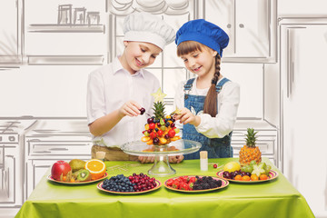 Children making fruit snacks