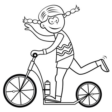girl and scooter, coloring book
