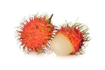 fresh rambutan with stem on white background
