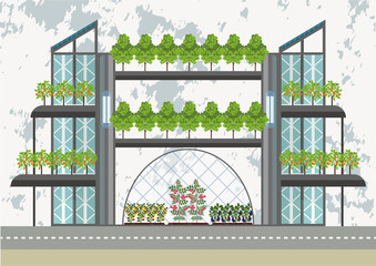Illustration of the modern building with the trees and solar panels on the roof, as an example of urban gardening and combination of architecture with nature