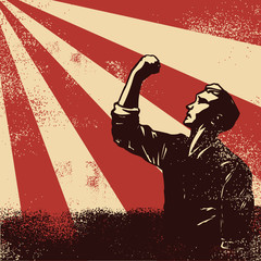 Revolution Poster, worker raising fists on sunbeam backgound, vector © rexandpan