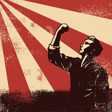 Revolution Poster, worker raising fists on sunbeam backgound, vector