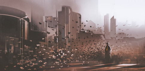 Obraz premium mystery man with crowd of butterflies in city,illustration painting