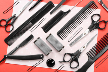 Barber set with tools on bright paper background