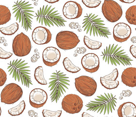  Vector hand drawn seamless pattern with coconuts and tropical leaves.