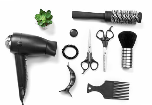 Barber set with tools and equipment, isolated on white