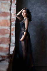 Portrait of gorgeous young brunette woman in a transparent black dress