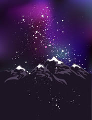 Obraz na płótnie Canvas Milky way over the Himalayan peaks. Mountains at the night time. Vector space background.