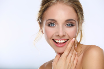 Naklejka premium Portrait of beautiful woman on white background