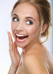 Portrait of beautiful woman on white background