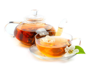 Tea cup kettle isolated white background
