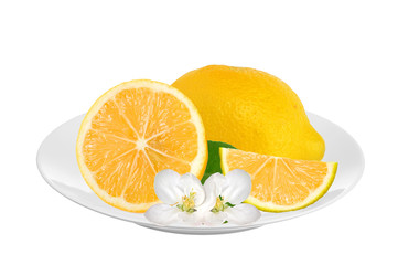 Fresh juicy lemon with green leaf and flowers on plate isolated