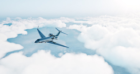 Photo of black luxury generic design private jet flying over the earth. Empty blue sky with white clouds at background. Business travel concept. Horizontal . 3d rendering