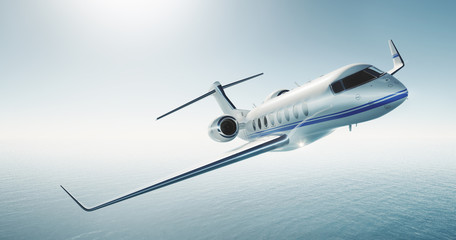 Photo of white luxury generic design private jet flying over the sea. Empty blue sky at background. Business travel concept. Horizontal . 3d rendering