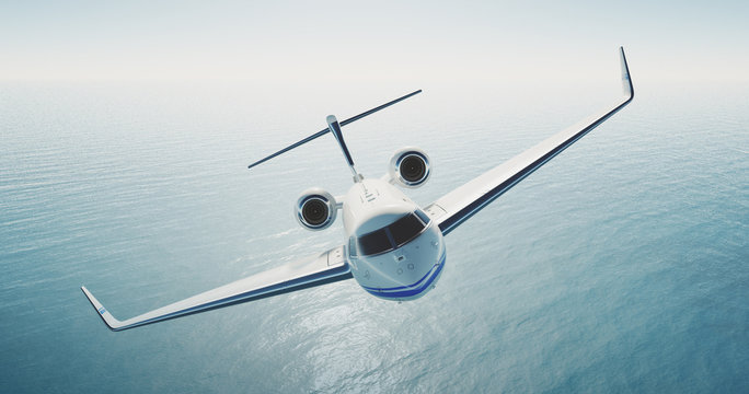 Image of white luxury generic design private jet flying over the empty sea. Blue sky at background. Luxury travel concept. Horizontal . 3d rendering