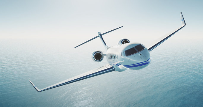 Picture of white luxury generic design private jet flying over the empty sea. Blue sky at background. Luxury travel concept. Horizontal . 3d rendering