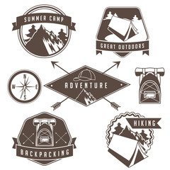 Vintage camping and hiking badge and emblem collection. EPS 10 vector. - obrazy, fototapety, plakaty