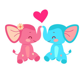Elephant couple with heart. Cartoon illustration in vector. 