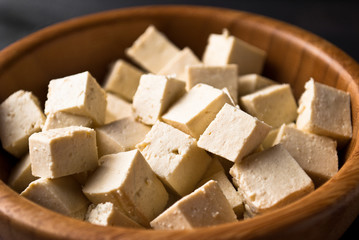 Cubes of raw tofu