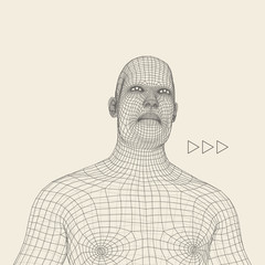 Head of the Person from a 3d Grid. Human Head Wire Model. Human Polygon Head. Face Scanning. View of Human Head. 3D Geometric Face Design. 3d Polygonal Covering Skin. Geometry Polygon Man Portrait.