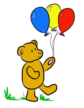Illustration of a teddy bear holding some balloons