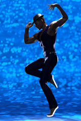 Stunning black male dancer in specific posture isolated on cool bokeh background. 3d illustration.