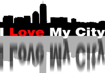 Skyline graphics black and withe with red love and phrase I Love My City
