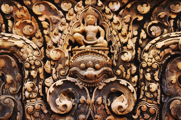 Carvings at Banteay Srei temple, Angkor, Siem Reap, Cambodia.