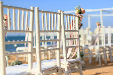 Fototapeta na wymiar Wedding ceremony dining place on a tropical beach, Thailand