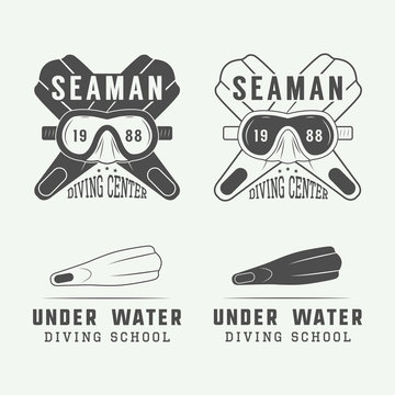 Set of diving logos, labels and slogans in vintage style.